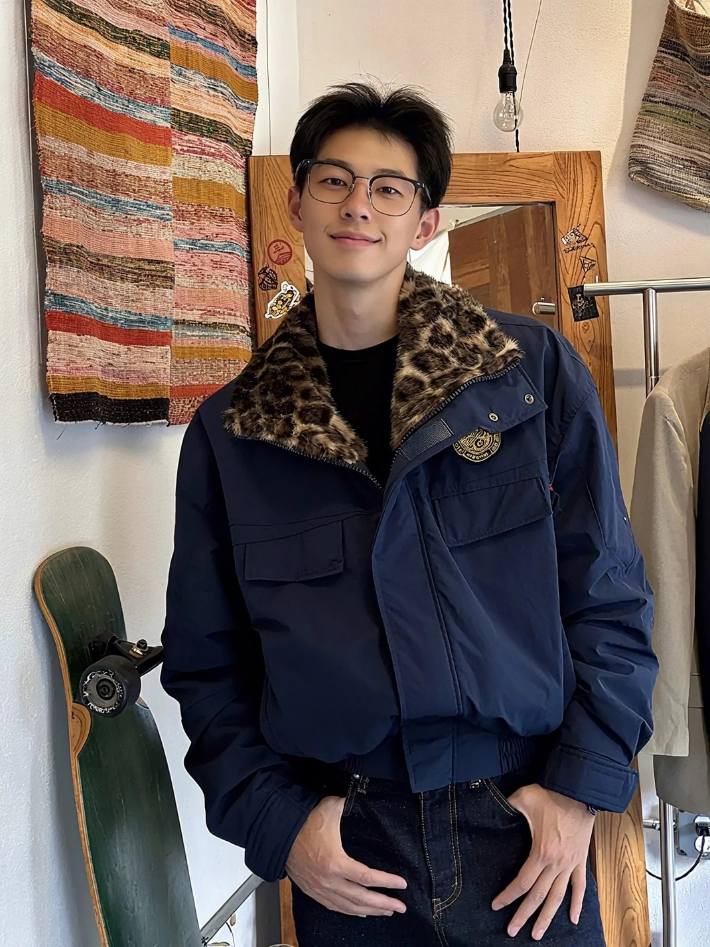 

Men's Winter Thiened Fce Lined Cotton Jaet with Fur Collar Leopard Print Workwear American Cool Sle Mountain Eagle C...