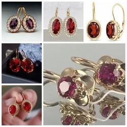 Exquisite Yellow Gold Color Earrings Trendy Female Wedding Jewelry Luxury Red Crystal Earrings for Women Flower Drop Earrings