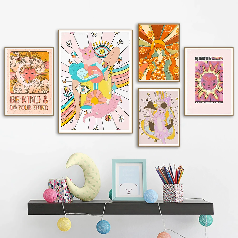 Abstract Psychedelic Cat Canvas Painting Posters and Prints Colorful Animals Wall Art Pictures for Living Room Decor