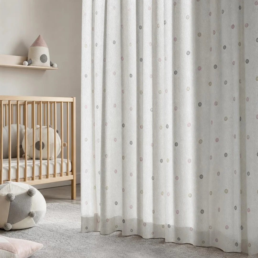 Pastel Pink Grey Polka Dot Window Curtain, Textured Woven Soft Drapes, Sweet Dot Pattern Curtain for Girls Bedroom Nursery Home