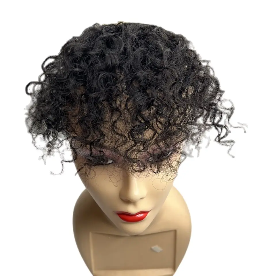 Flequillo de cabello humano rizado, flequillo Afro corto rizado para mujeres negras, Clip de cabello humano en flequillo, extensión de cabello, Color negro Natural
