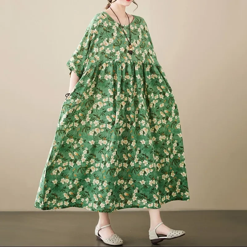 

short sleeve oversized cotton vintage floral new in dresses for women casual loose long summer dress elegant clothing 2025
