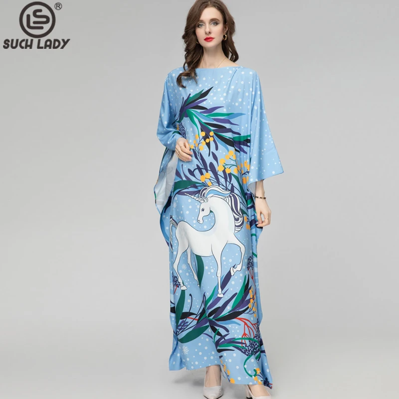 

Women's Runway Dresses O Neck Batwing Sleeves Printed Loose Design Fashion High Street Holiday Long Robes