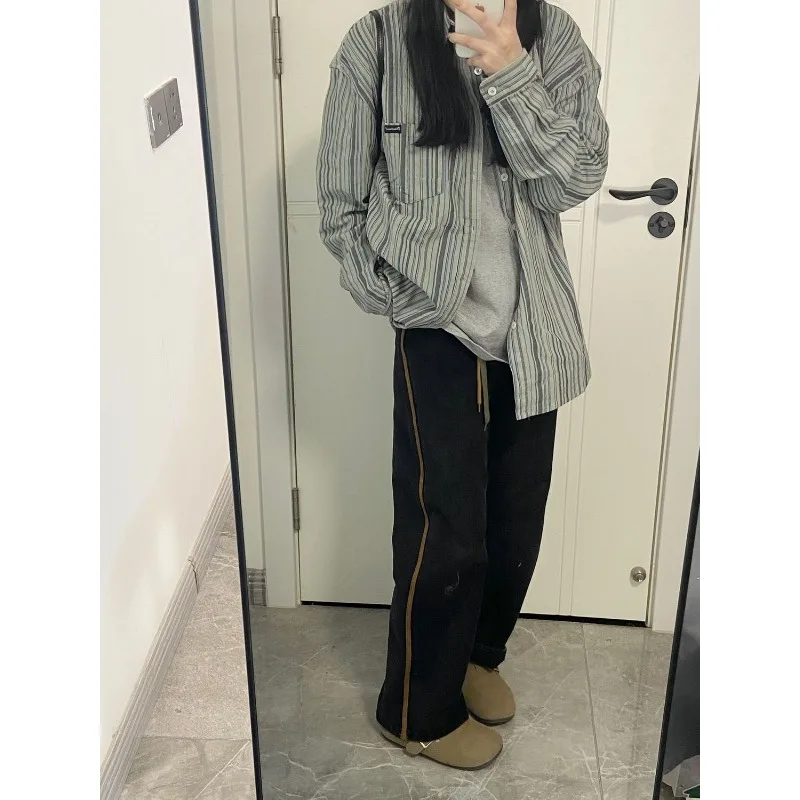 Qweek Vintage Gestreepte Preppy Koreaanse Stijl Shirts Oversized Harajuku Casual Blouse Met Lange Mouwen Minimalistische Herfstkleding Voor Dames