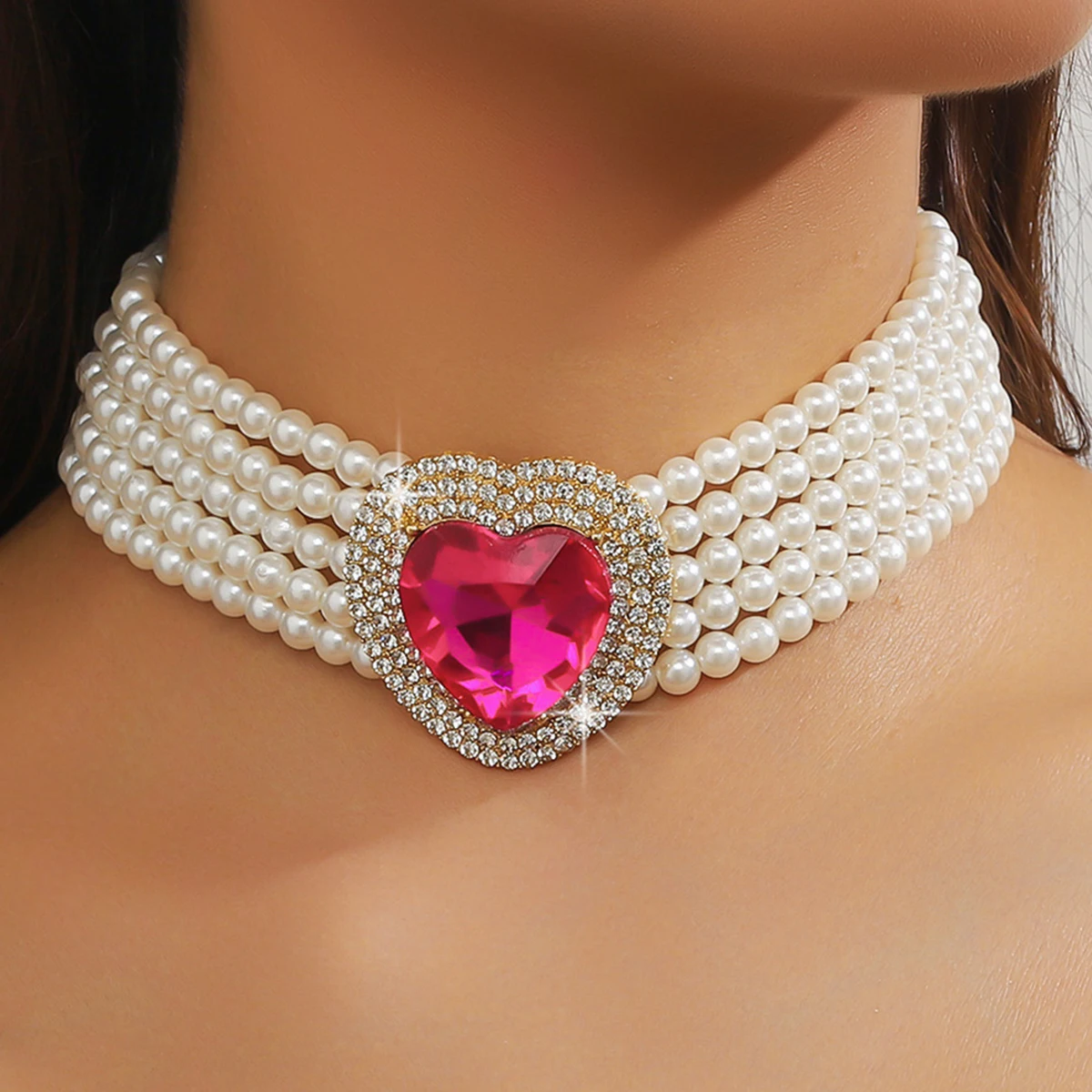Heart Design Earrings Pearl Necklace Set for Women Vintage Multi-layered Pearl Necklace Drop Earrings for Wedding Jewelry Gift