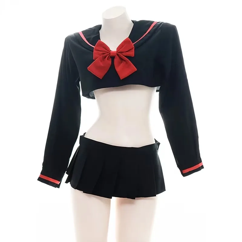 Japanese Anime Student Sailor School Uniform Costume Swimwear Pool Party Long-sleeved bow tie pajama set with short skirt