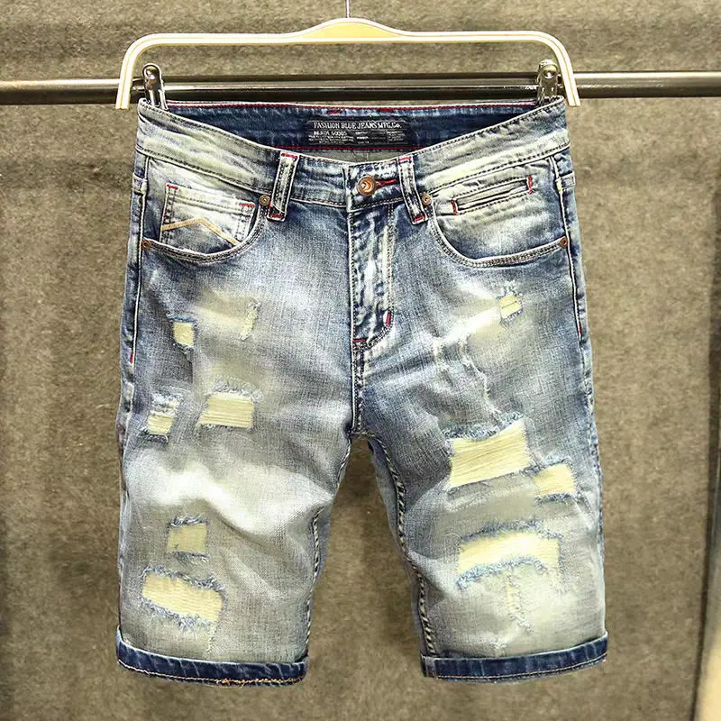 Summer Retro Old Ripped Patch Non-elastic Slim Denim Shorts Men's Korean Embroidered Pocket Ripped Medium Pants Short Jeans Man