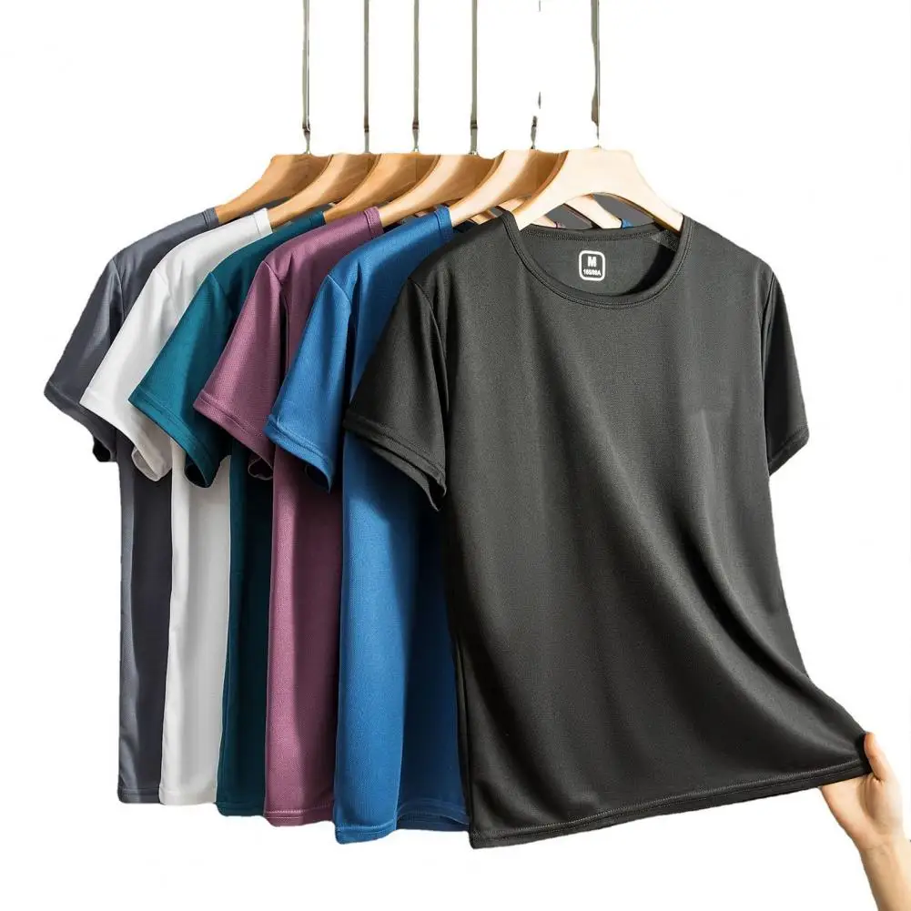 Men T-shirt Men's Summer T-shirt Breathable Solid Color Casual Top with Short Sleeves Elastic Mid Length Fit for Daily Wear