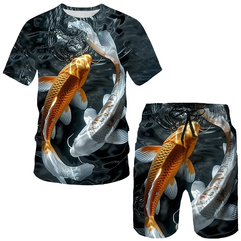 Summer Koi Carp 3D Print T-Shirts Shorts Sets Men\'s Tracksuits Oversized Short Sleeve T Shirt Pants Set Man Suits Clothing