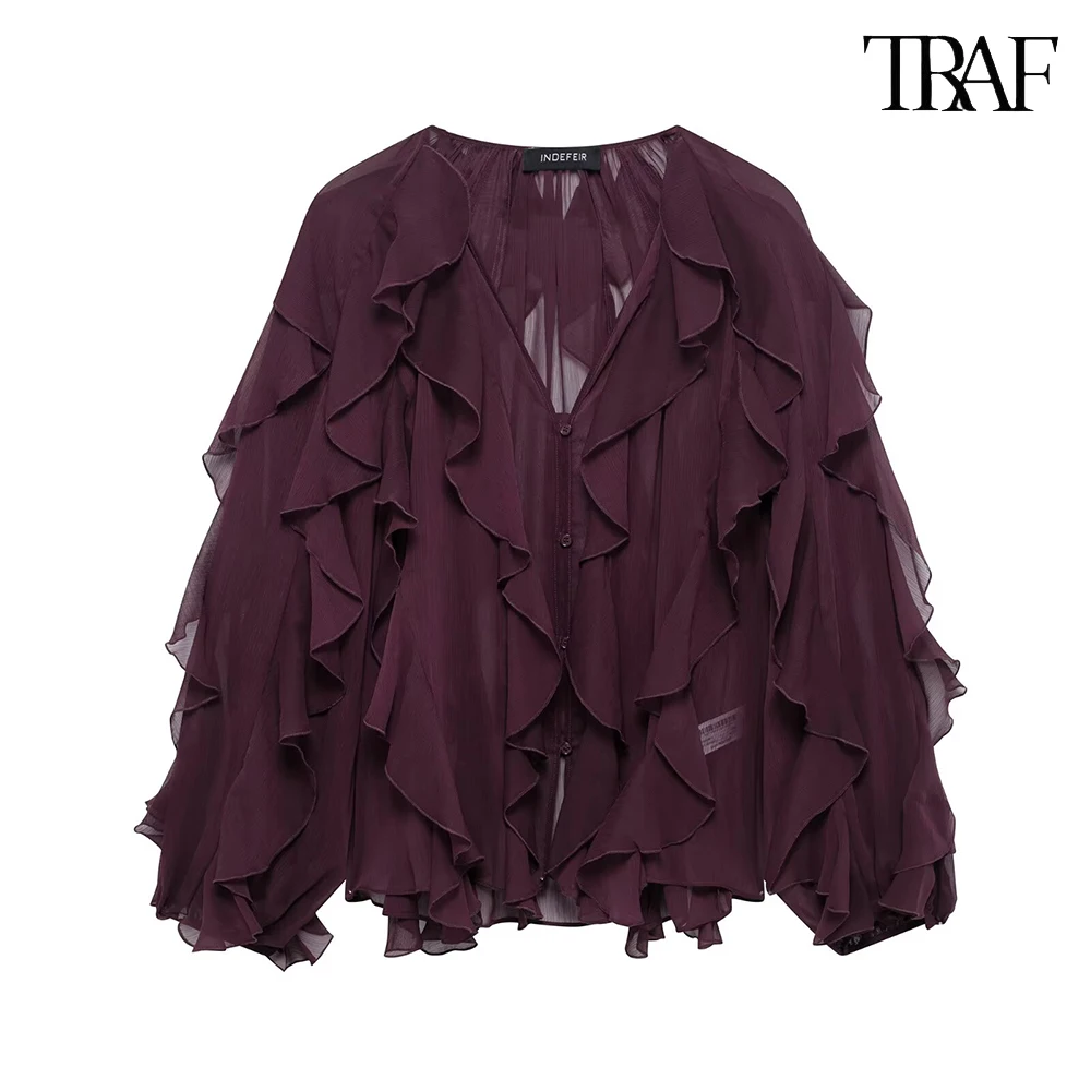 

TRAF New Fashion Loose Stacked Decorative Shirt Casual Solid Colour Flutter Sleeve Top 2025 Burgundy Mesh Ruffle Women's Shirt
