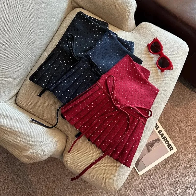 

2026 College Polka Dot Pleated Skirt Women's Bow Tie-up Skirt