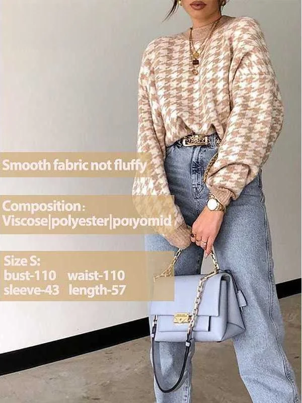 

Simp Women's Geometric Khaki Knitted Sweater Casual Loose Fit Fake Two-Piece Sle Acrylic Blend Inner Wear Winter Thin