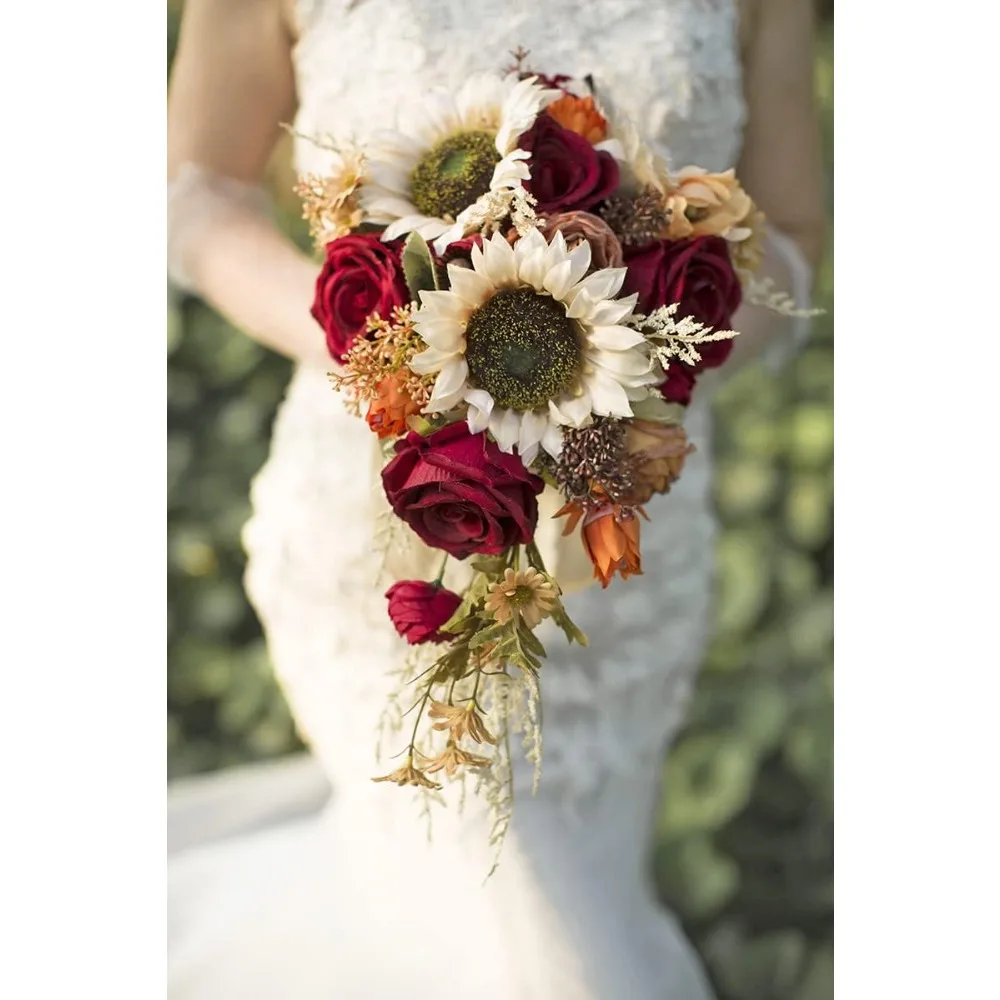 Vintage Sunflower Wedding Bouquets for Bride, Artificial Burgundy Rose Cascading Bridal Bouquet, Burnt Orange, 9 Inch