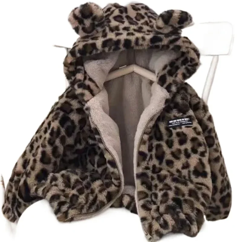 Girls Coat Jacket Cotton Windproof Outwear 2024 Leopard Warm Thicken Velvet Winter Skiwear Children\'s Clothing