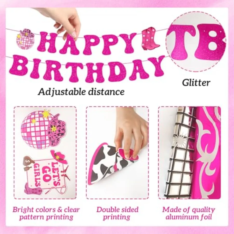 34 قطعة ديسكو راعية البقر حفلة عيد ميلاد زينة الغربية راعية البقر زينة الحفلات الوردي الساخن عيد ميلاد سعيد راية ديسكو راعية البقر B #4