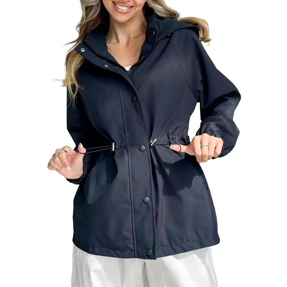 

Windbreaker Jacket for Women Lightweight Snap Buttons Zip Up Hoodie Jacket Waist Drawstring Windproof Outwear with Pockets for T