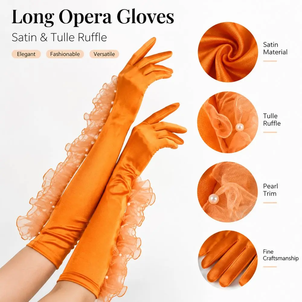 Elegant Organza Ruffle Long Opera Gloves 55CM Pearl Trim Satin Gloves Ruffle Trim Stretchy Fit Lace Gloves Wedding