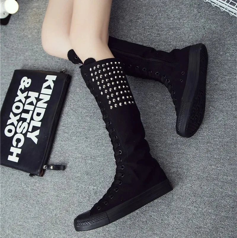 

Couple Shoes Women's Thigh High Boots Fashion Rivet Punk Zipper Boots Autumn Comfortable Canvas Shoes for Women Long Boots New