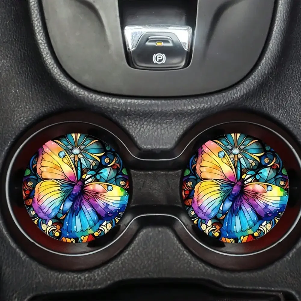 2pcs Butterfly Car Cup Coasters, Premium Anti-Slip Stain-Resistant Easy-Clean Auto Accessories