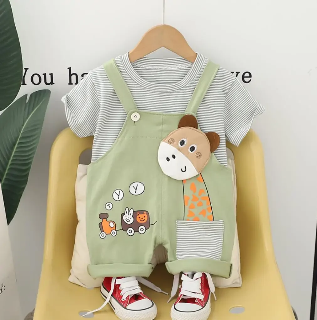 Zomer kinderkleding pak 6 tot 12 maanden kinderen jongens gestreepte ronde hals korte mouwen T-shirts tops en overalls peuter outfits