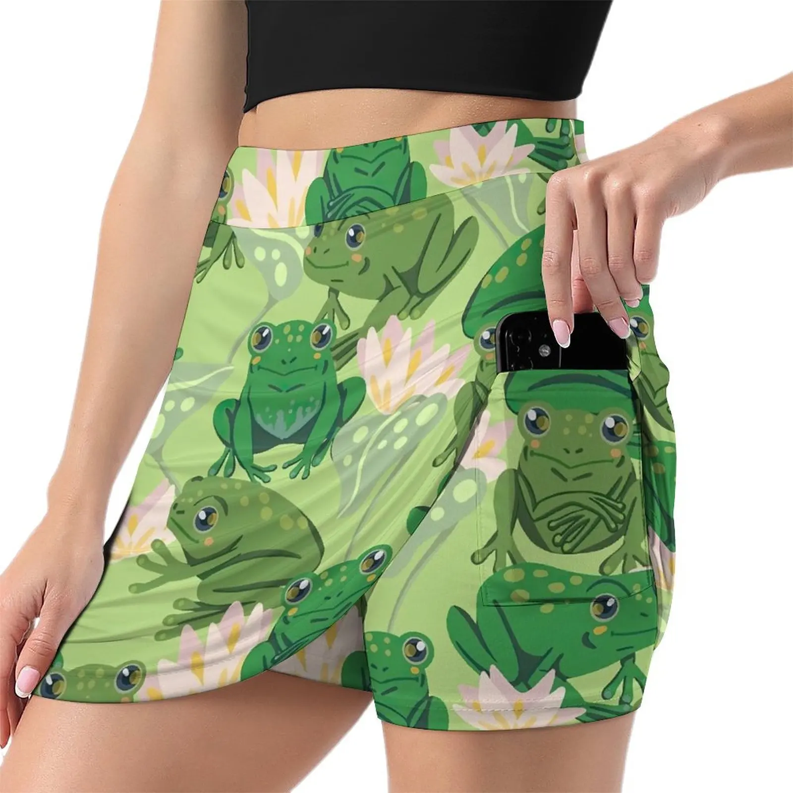 Cute Frog Lotus Skirt Womens Pink Flowers Modern Mini Skirts Summer Street Fashion High-waisted Big Size Casual A-line Skirt