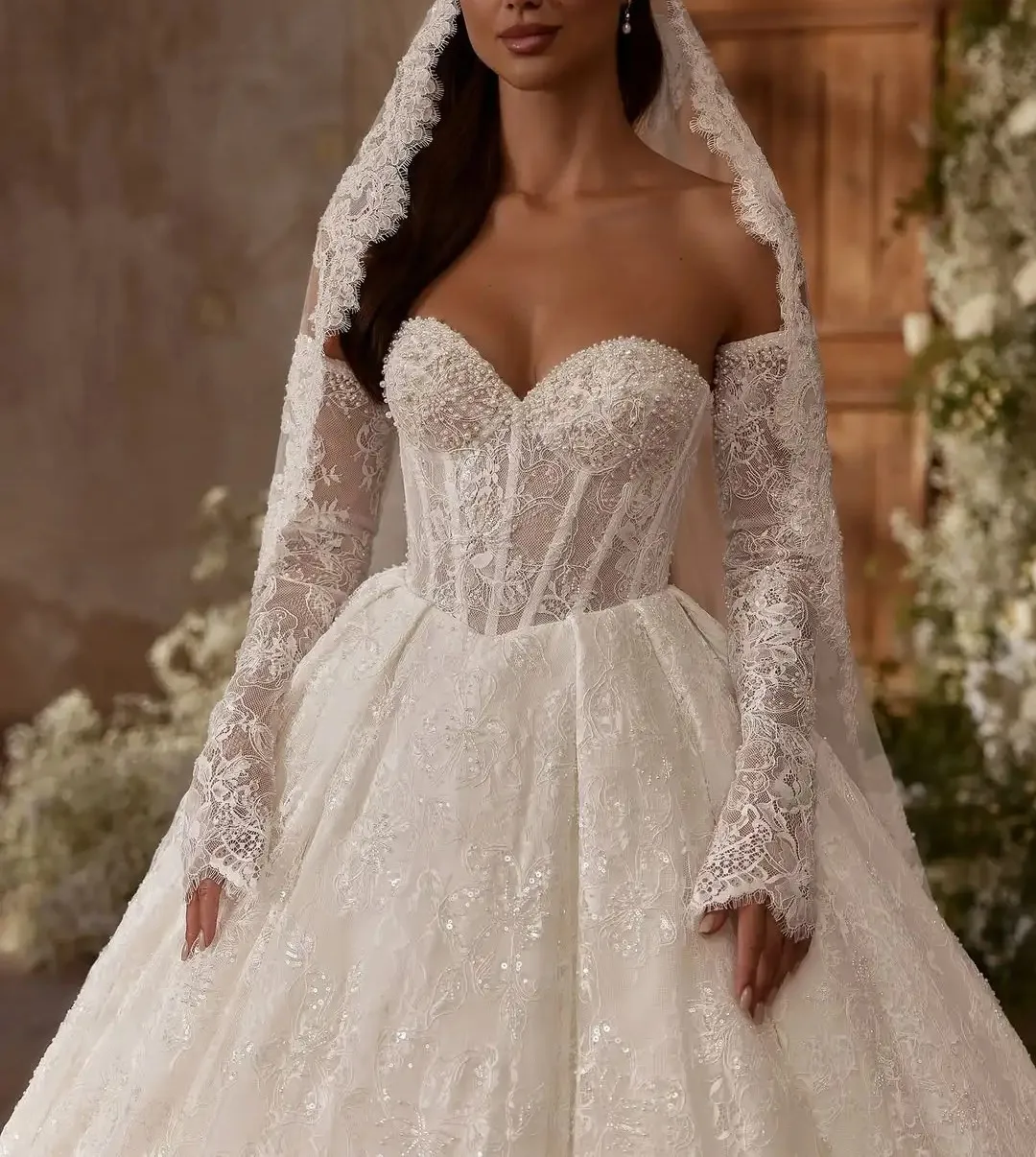 Modern Lace Wedding Dress 2026 Sweetheart Long Detachable Sleeves Pearls Sequins Princess Birde Bridal Gowns Vestido De Novia