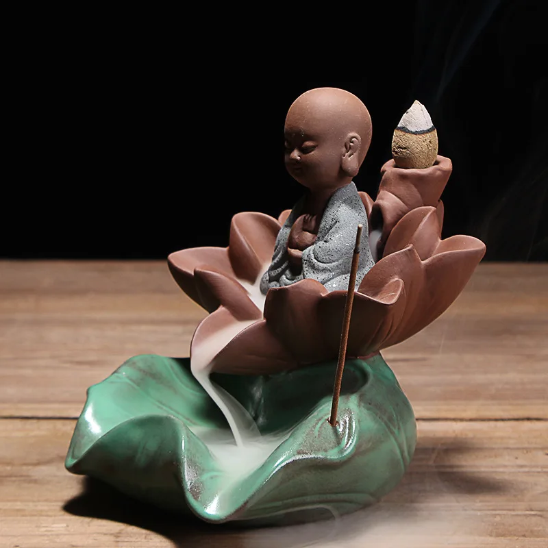 Home Decoration The Little Monk Flower Censer Bullet Blackflow Incense Cones Or Incense Stick Smoke Ceramic Censer