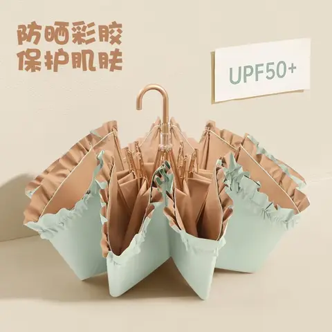 단색 레이스 접이식 곡선 후크 우산, 컬러 접착제 태양 UV UPF50+ 보호, 여성용 경량 휴대용 파라솔