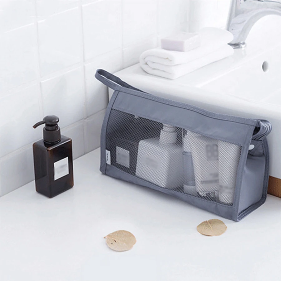 Borsa da toilette da viaggio multifunzionale in tessuto a rete portatile di grande capacità, adatta per l\'uso quotidiano e l\'uso in viaggio