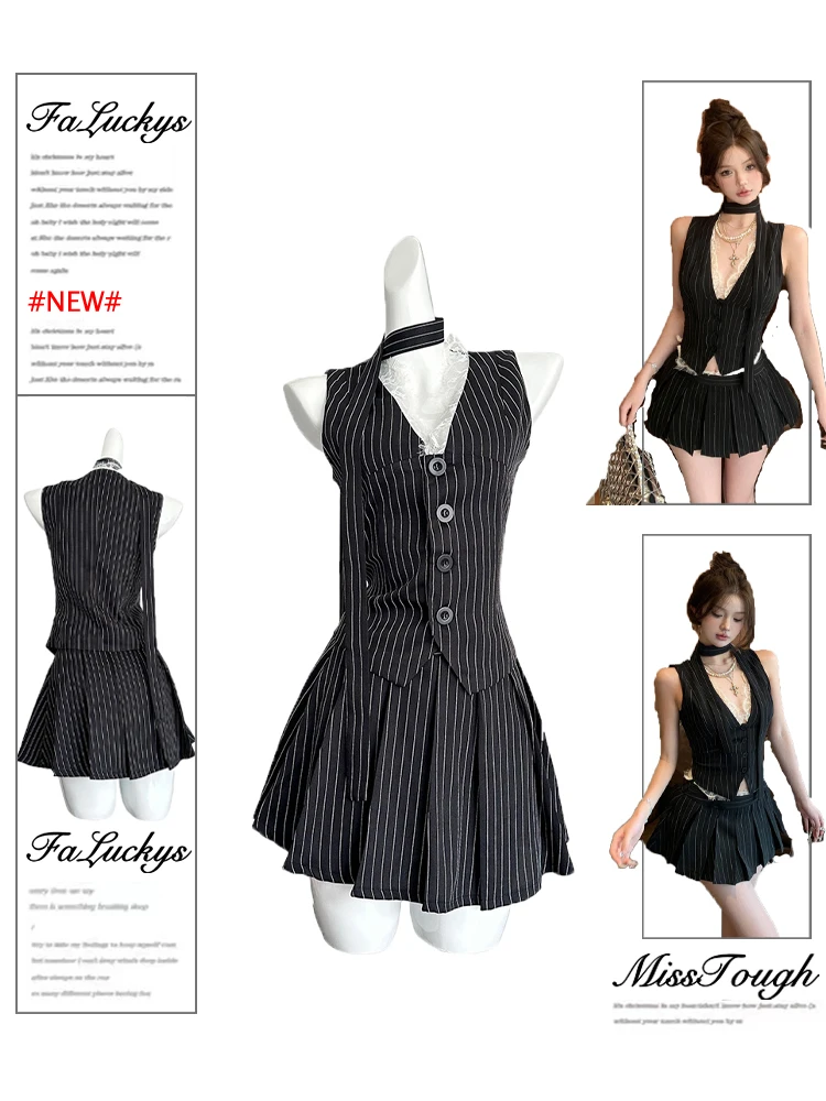 Y2k 2000s Vintage Aesthetic Black Striped Pleated 2 Piece Set Striped Lace Vest  + Hot Mini Pleated Skirt Korean Fashion Outfits