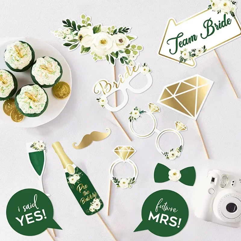 12pcs Green Gold Wedding Photo Booth Props Bride To Be Mrs Pink White Rose Wedding Party Decor Bridal Shower Photography Props