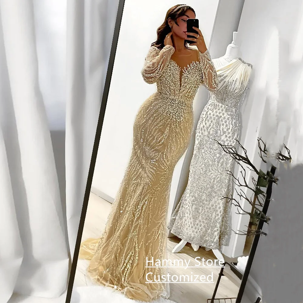 Sparkling Mermaid Evening Dress Customized V Neck Long Sleeves Beading Sweep Train  Pearls Robe De Soiree Prom Party Gown image 2