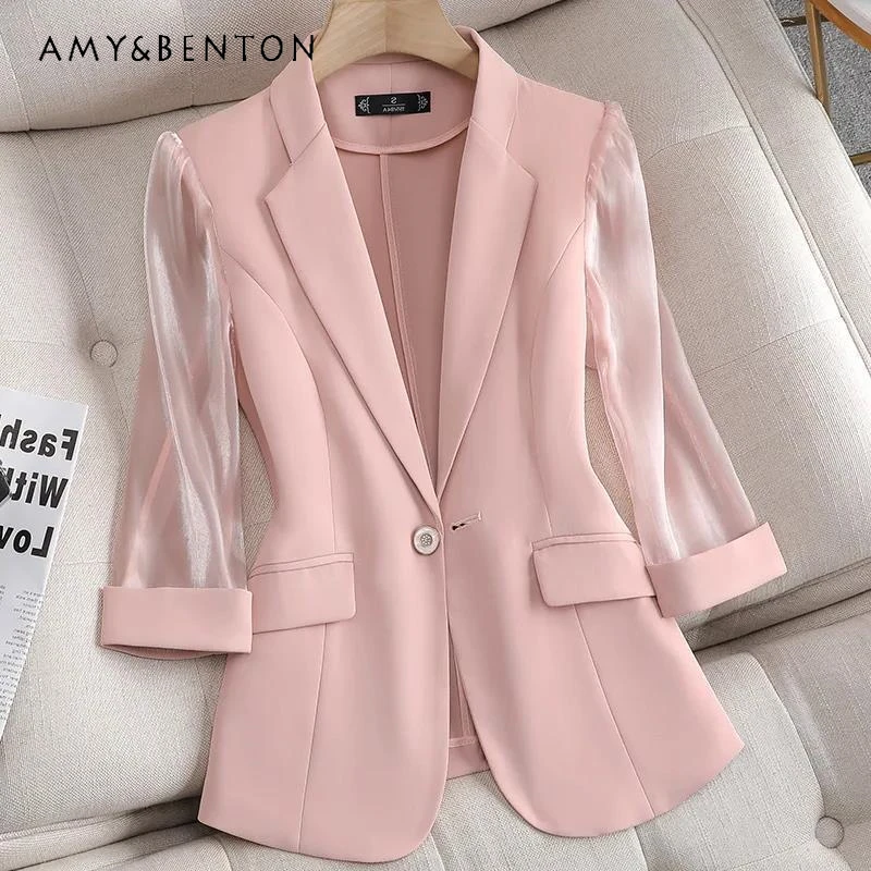 

Office Lady Pink Three-Quarter Sleeve Thin Suit Jackets for Women 2024 Summer New Casual Fashion Temperament Professional Jacket