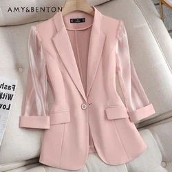 Office Lady Pink Three-Quarter Sleeve Thin Suit Jackets for Women 2024 Summer New Casual Fashion Temperament Professional Jacket