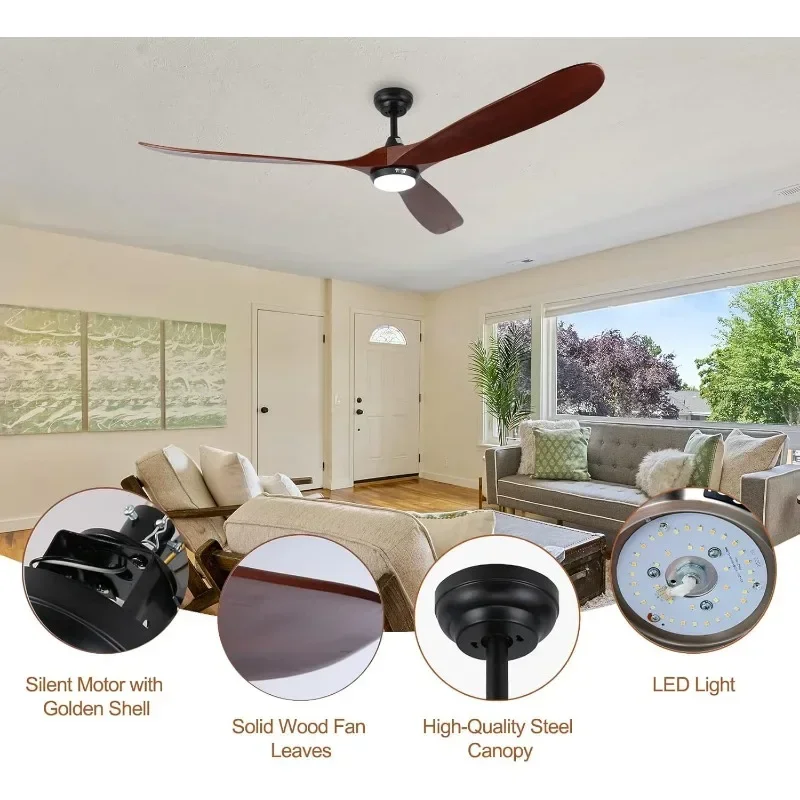 reiga 70 Inch Wood Ceiling Fan, Mute DC Motor High Airflow Large Ceiling Fans with Lights and Remote for Patio Living Room