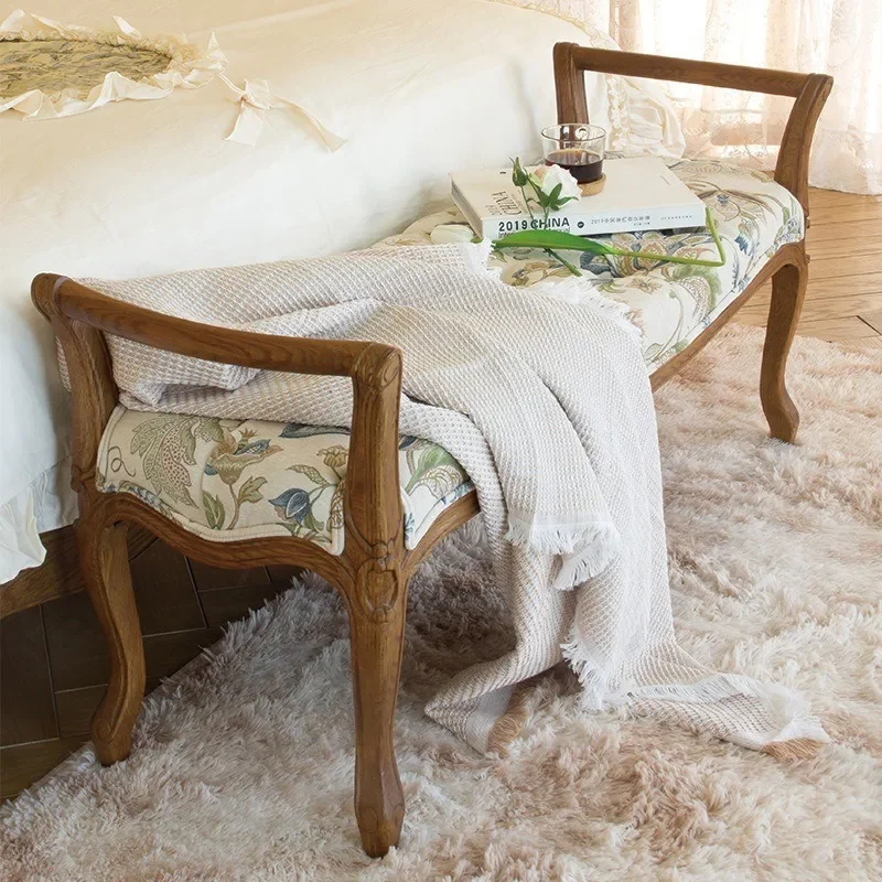 North American country fabric bedside stool solid wood carving pattern shoe changing stool