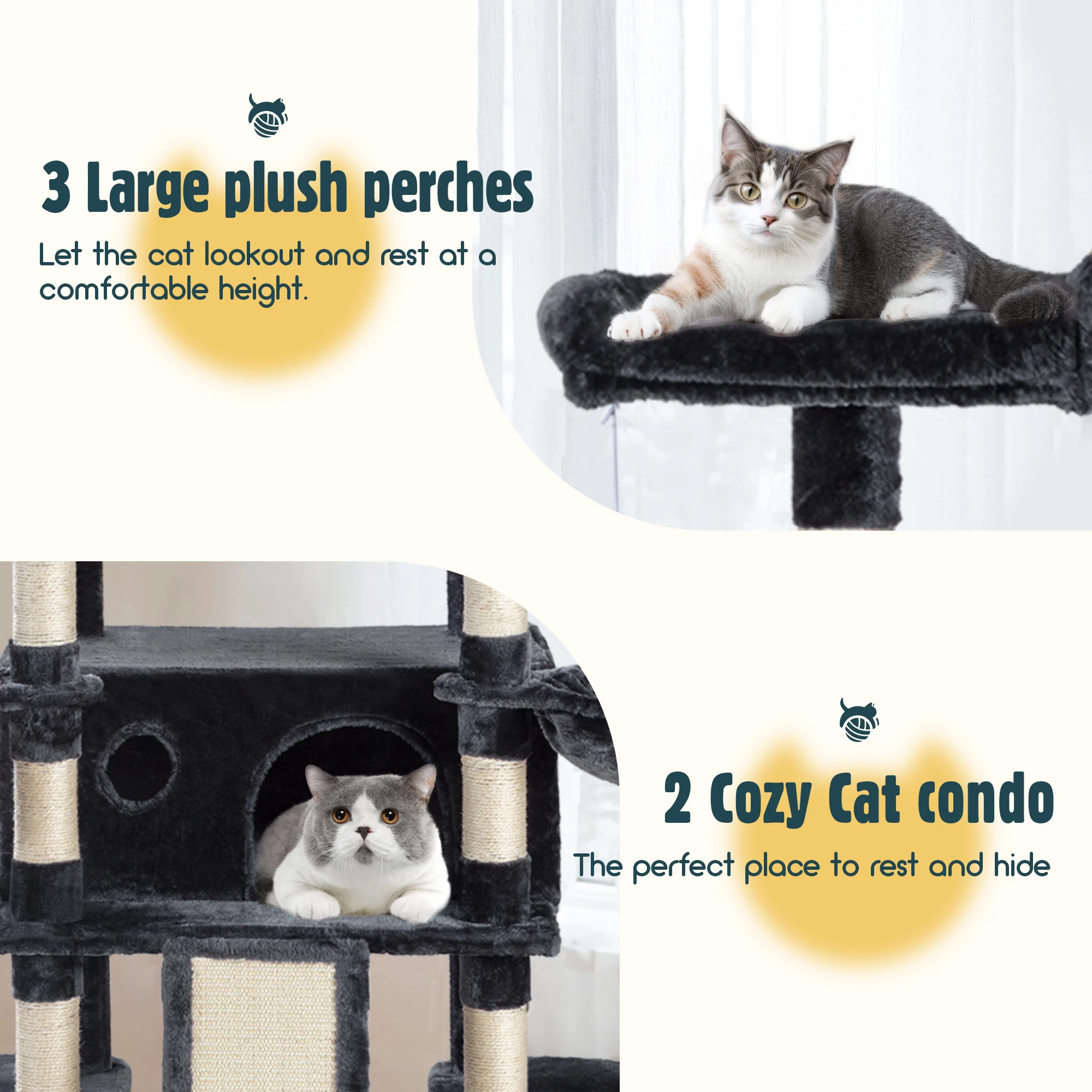 68-Inch Multi-Level Cat Tree Tower for Large Cats/Cat Condo/Cozy Plush Cat Perches/Sisal Scratching Posts/Baskets