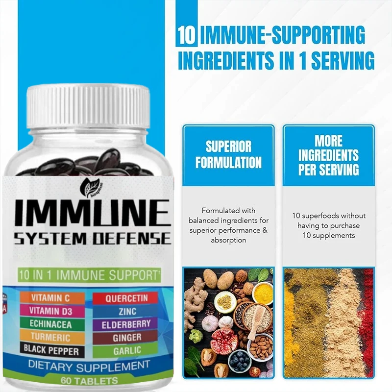 

Добавка поддержки иммунитетной системы 10 в 1, с запроцетиновым витамином D3 (5000 дюймов), лечевица, эхинацея, черный перец, 60 капсул