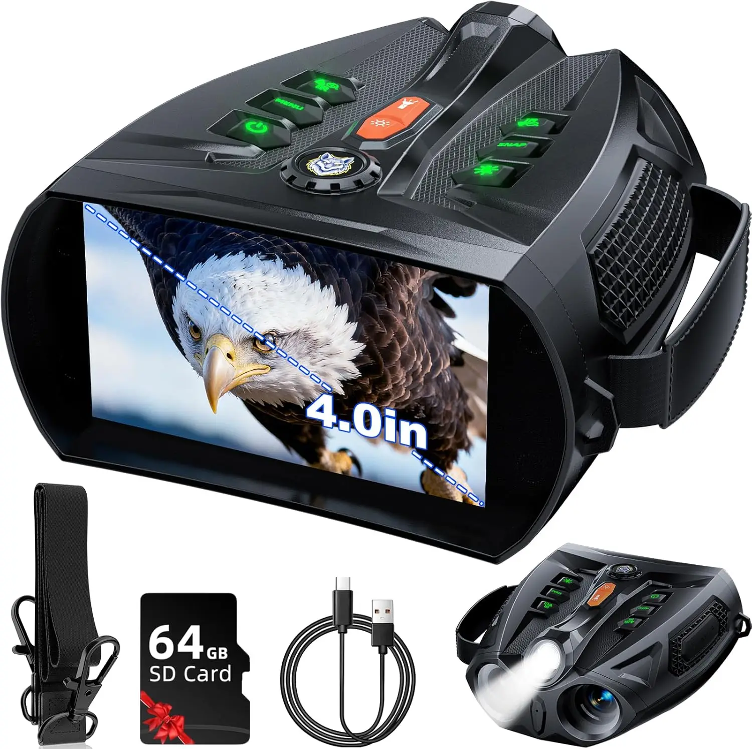 

Очки ночного видения 4K с HD-экраном 4.0 дюйма, аккумулятором 5000 мАч и картой памяти 64 ГБ для взрослых, для кемпинга и наблюдения за дикой природой