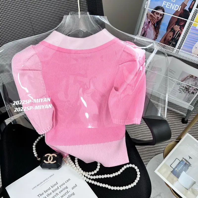 French Sweet Style Pink Ribbed Knit Top Polo Collar Puff Short Sleeve Pearl Buttons Color Block Casual Commute Outfit