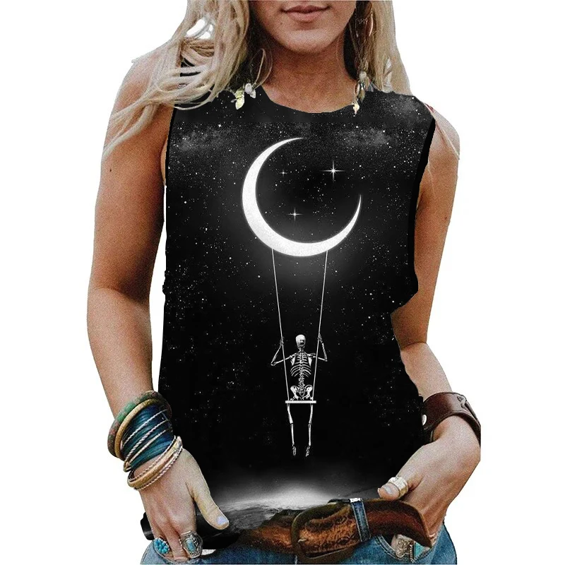 Summer Skull Moonlight 3D Print Tank Tops Women Fashion Streetwear Oversized O-Neck Vest Off Shoulder Sleeveless Woman Camisole