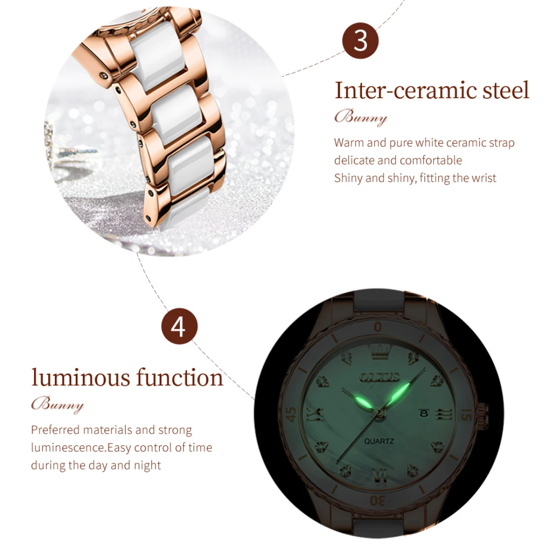 OLEVS 9985 Кварцевые модные часы в подарок с круглым циферблатом, керамический ремешок для часов, наручные часы с календарем