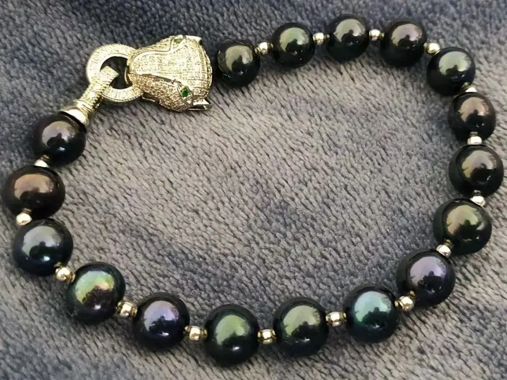 Gorgeous AAA 9-10mm South Sea Black Green Pearl Bracelet 7.5-8 inch 925 Leopard print Head Boutique Jewelry Making