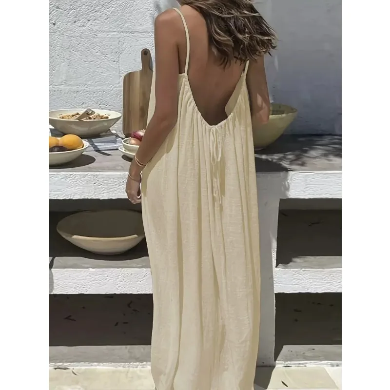 Vestido de verano para mujer de tiras finas, corte holgado, casual para casa, color liso, vacaciones frescas 6