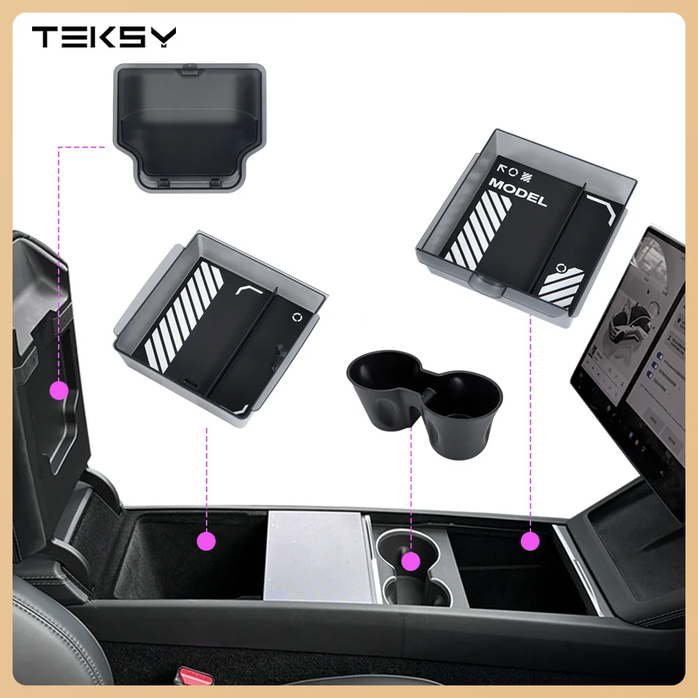 

For Model Y L Tesla Model Y Juniper 2026 Model 3 ABS with Silicone Non-slip Mat Console & Armrest Storage Box Upper and Lower
