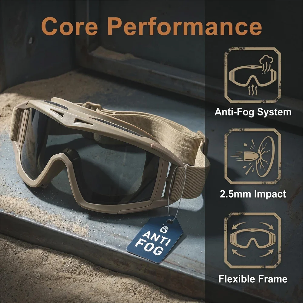 Tactical Goggles 3 Lens Anti Fog UV400 Windproof Impact-Resistant Paintball Glasses CS Game Motocross Safe Protection Eyewear