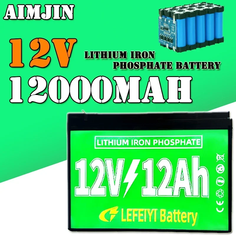 New 12V 12AH LiFePo4 Battery Pack 12000mAh Lithium Iron Phosphate Battery Built-in BMS 12.8V for Kid Scooter Boat Motor Light