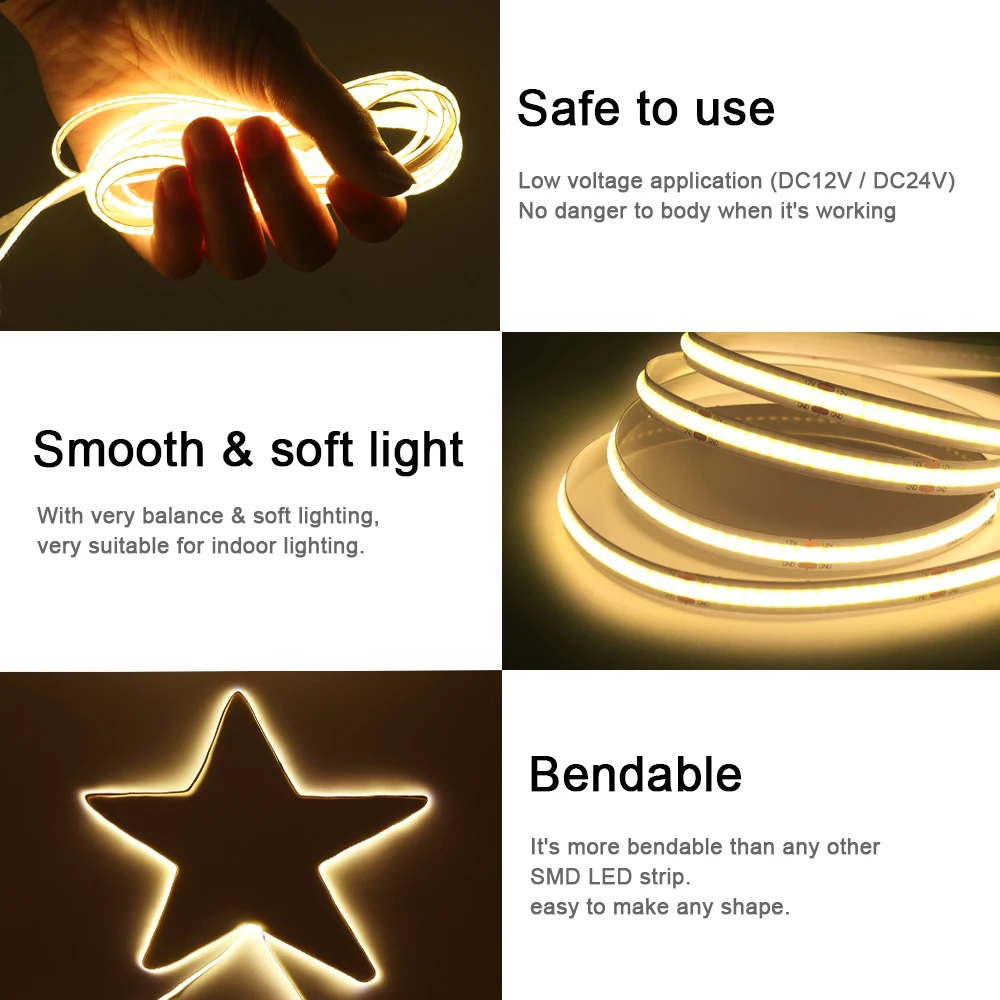 COB LED Strip Light, Iluminação Linear de Alta Densidade, Fita Flexível Decoração, 12V, 5V, 24V, 5mm, 3mm, 8mm, PCB, 320, 480, 384, LEDs 528, RA 90