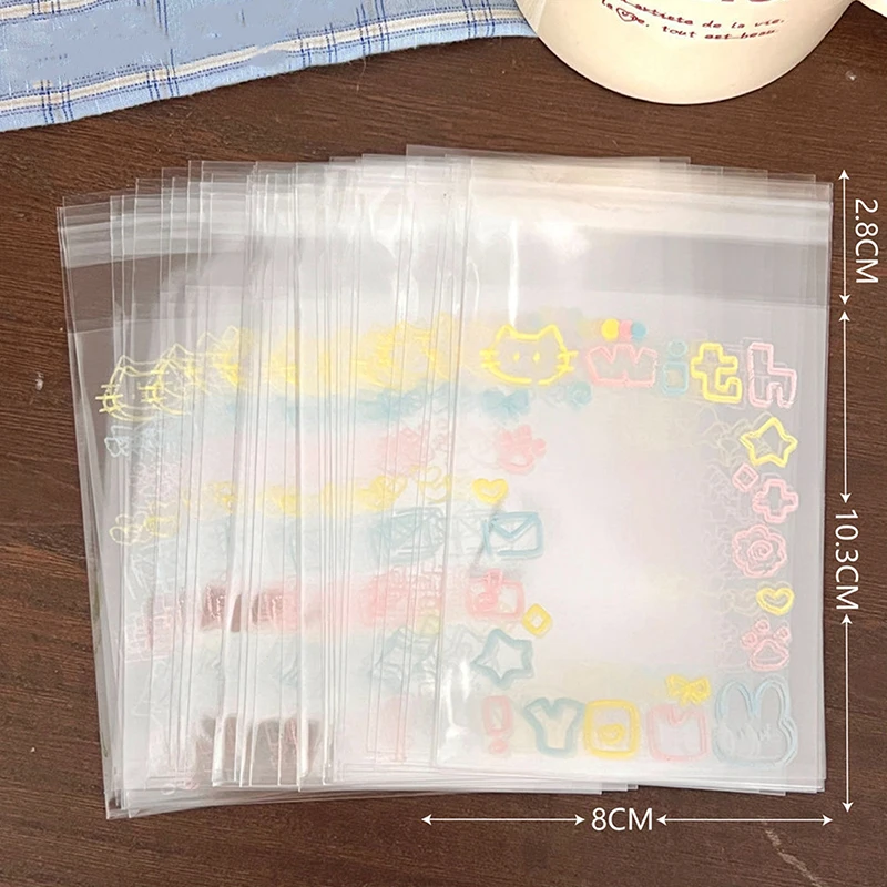 50Pcs Transparent Cute Graffiti Kitten Self-adhesive Opp Bag Kpop Idol Photo Cards Protective Storage Bag Photocard Card Sleeves
