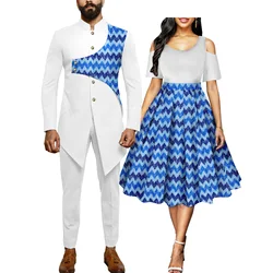 African Couples Women Print Wax Cotton Fashion Patchwork Hot Dress & Men 2 Pieces Shirt and Pants Sets